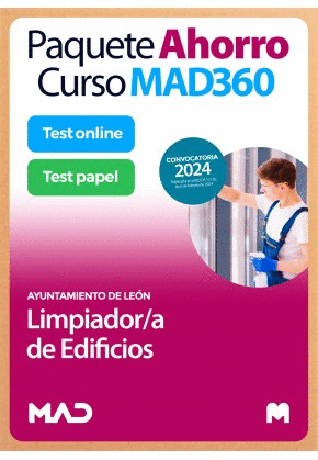 PAQUETE AHORRO CURSO MAD360 + TEST PAPEL Y ONLINE. LIMPIADOR/A DE EDIFICIOS. AYUNTAMIENTO DE LEÓN. CONVOCATORIA 2024